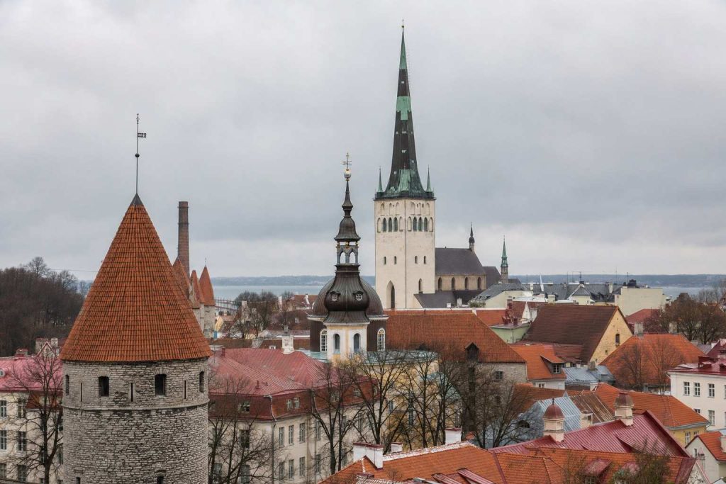 Tallinn's medieval old town rooftops and church spires under a soft sky
