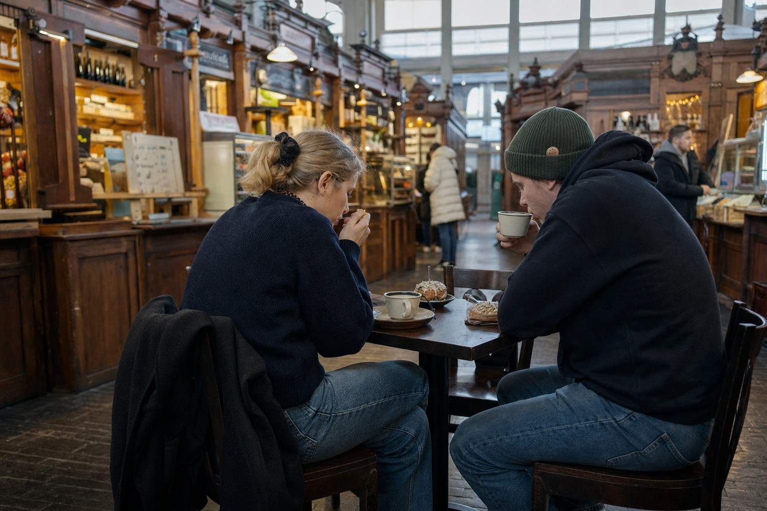 Two travellers having an unhurried morning coffee at a table inside an old market hall